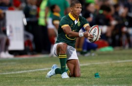South Africa fly-half Manie Libbok prepares to kick at goal. 