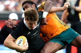 All Blacks centre Jordie Barrett (L) is out of Saturday's second Test against Australia in Wellington with a knee injury