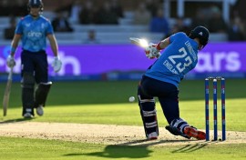 Quickfire innings: England's Liam Livingstone on the attack during his 62 not out in the fourth ODI against Australia at Lord's