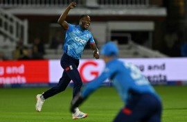 England fast bowler Jofra Archer celebrates his dismisssal of Glenn Maxwell in the fourth ODI against Australia at Lord's