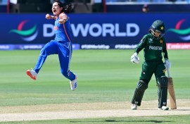 Renuka Singh (in blue) made the breakthrough for India in the first over of their T20 World Cup match against India in Dubai