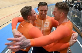 Team work: Harrie Lavreysen (C) with Dutch teammates Roy Van Den Berg (R) and Jeffrey Hoogland 