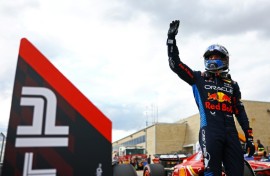 Sprint star: Max Verstappen celebrates after taking pole for the sprint race at the United States Grand Prix 