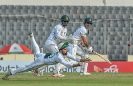 Bangladesh's Shadman Islam drops a catch of South Africa's David Bedingham 