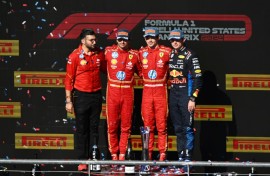 Victory line-up: Charles Leclerc and Carlos Sainz with Max Verstappen on the podium 
