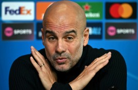 Manchester City manager Pep Guardiola attends a Champions League press conference