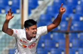 Bangladesh’s Taijul Islam unsuccessfully appeals for leg before wicket (LBW) against South Africa’s Tristan Stubbs 