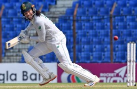 South Africa's Tony De Zorzi plays a shot on his way to 177 against Bangladesh