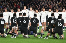 England line up to face the Haka ahead of their Test against New Zealand in Dunedin in July