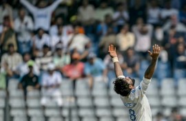 India spinner Ravindra Jadeja celebrates after removing New Zealand's Will Young for 71 in Mumbai