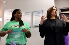 Kamala Harris (R), seen here at a Charlotte health clinic preparing aid for victims of Hurricane Helene, sees North Carolina as a winnable prize, pouring huge resources into the battleground state ahead of the November 5, 2024 presidential election