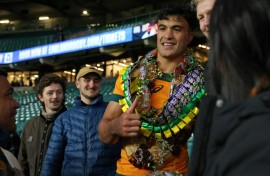 Immediate impact: Australia centre Joseph-Aukuso Suaalii was named player of the match after starring on debut in the Wallabies' thrilling 42-37 win over England at Twickenham