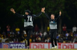 Lockie Ferguson (right) celebrates his hat-trick against Sri Lanka in the second T20 in Dambulla