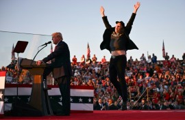 Tesla and SpaceX CEO Elon Musk exults during a Donald Trump rally in Pennsylvania in October 2024 -- the pair have become fast friends
