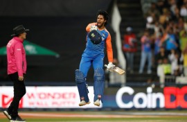 India's Tilak Varma (R) smashed 120 not out from just 47 balls against South Africa