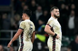 Backs to the wall: Disappointment for Marcus Smith (L) and Luke Cowan-Dickie after England's 29-20 defeat at the hands of South Africa at Twickenham