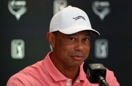 Tournament host Tiger Woods speaks to the media before the Hero World Challenge in the Bahamas