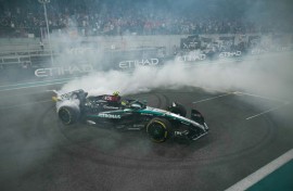 Final twist: Lewis Hamilton does a donut at the end of his last Mercedes rive at the Abu Dhabi Grand Prix