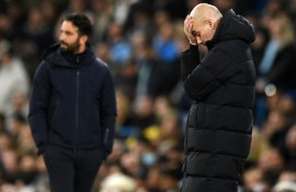 Ruben Amorim (L) and Pep Guardiola (R) will go head to head in Sunday's Manchester derby