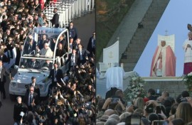 Pope Francis greets the crowd before celebrating mass in Ajaccio