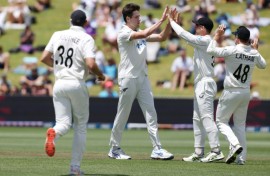New Zealand's Will O'Rourke (centre) celebrates the wicket of England's Harry Brook on the fourth morning of the third Test