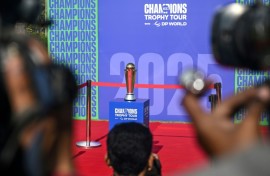 The ICC Champions Trophy on display at the National Stadium in Karachi, Pakistan, in November 2024