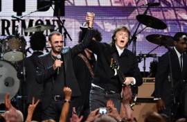 Paul McCartney (L) and Ringo Starr perform at the 2015 Rock And Roll Hall Of Fame Induction Ceremony