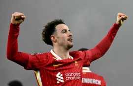 Liverpool's Curtis Jones celebrates scoring against Leicester