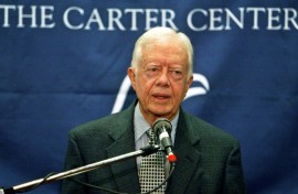 Former US President Jimmy Carter, pictured at a 2004 press conference, was a noted humanitarian in his post-presidency