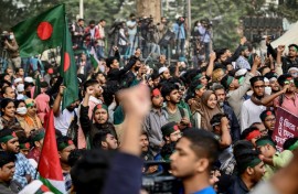 Students and supporters shout slogans during a 'March for Unity' organised by the Anti-Discrimination Student Movement in Dhaka on New Year's eve