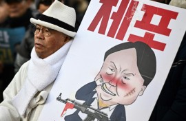 A man carrying a placard with a comic depicting South Korea's impeached president Yoon Suk Yeol