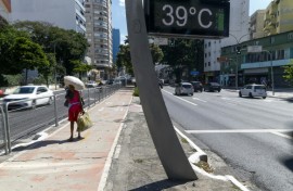 A thermometer shows a temperature of 39 degrees Celsius (102.2 F) in Sao Paulo, Brazil on March 17, 2024
