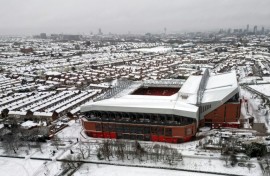 Liverpool's Anfield Stadium coated in snow ahead of Sunday's clash with Manchester United
