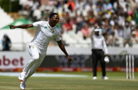 South Africa's 18-year-old fast bowler Kwena Maphaka celebrates his first Test wicket after the dismissal of Pakistan's Babar Azam 