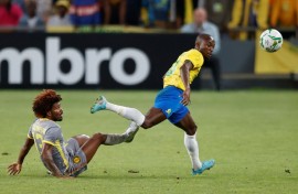 Peter Shalulile (R) played a key role for Mamelodi Sundowns in a CAF Champions League victory over Maniema Union. 