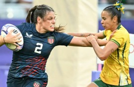 US rugby star Ilona Maher (left) in action at the 2024 Paris Olympics