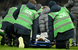 Tottenham's Uruguayan midfielder Rodrigo Bentancur on a stretcher before being carried off