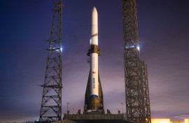 This handout photo courtesy of Blue Origin shows the New Glenn rocket on the launch pad at Launch Complex 36 at Cape Canaveral Space Force Station in Cape Canaveral, Florida