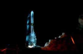 The New Glenn rocket is seen during a hot fire test at the Cape Canaveral Space Force Station in Cape Canaveral, Florida on December 27, 2024