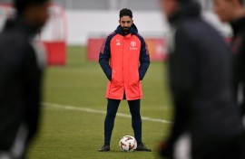 Manchester United manager Ruben Amorim takes training at the club's Carrington training base