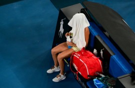 Aryna Sabalenka sits after her defeat against USA's Madison Keys 