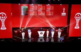 Former stars (from left) Mustapha Hadji, Serge Aurier, Aliou Cisse and Joseph Yobo make the 2025 Africa Cup of Nations draw in Rabat.