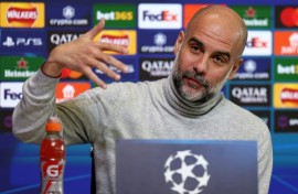 Manchester City manager Pep Guardiola speaks at a press conference ahead of his side's Champions League match against Club Brugge