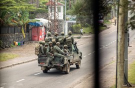 Members of the M23 armed group during a patrol in Goma, a vital trading hub that they mostly now control 