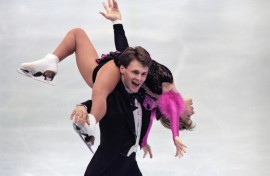Russian pairs skaters Vadim Naumov and Evgenia Shishkova on their way to gold at the world figure skating championships in Chiba, Japan on March 23, 1994 