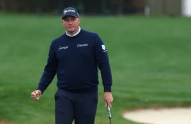 Sepp Straka of Austria celebrates a birdie putt at the 17th hole on his way to taking a one-stroke lead after three rounds at the PGA Pebble Beach Pro-Am