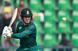 South Africa's Matthew Breetzke plays a shot in Lahore