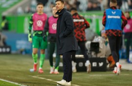 Bayer Leverkusen coach Xabi Alonso watches on against Wolfsburg