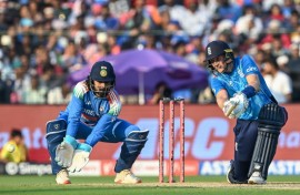 Joe Root plays a shot as England reached 304 in the second one-day international cricket match against India in Cuttack