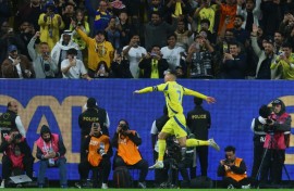 Al Nassr's Portuguese forward Cristiano Ronaldo celebrates scoring in the Saudi Pro League 